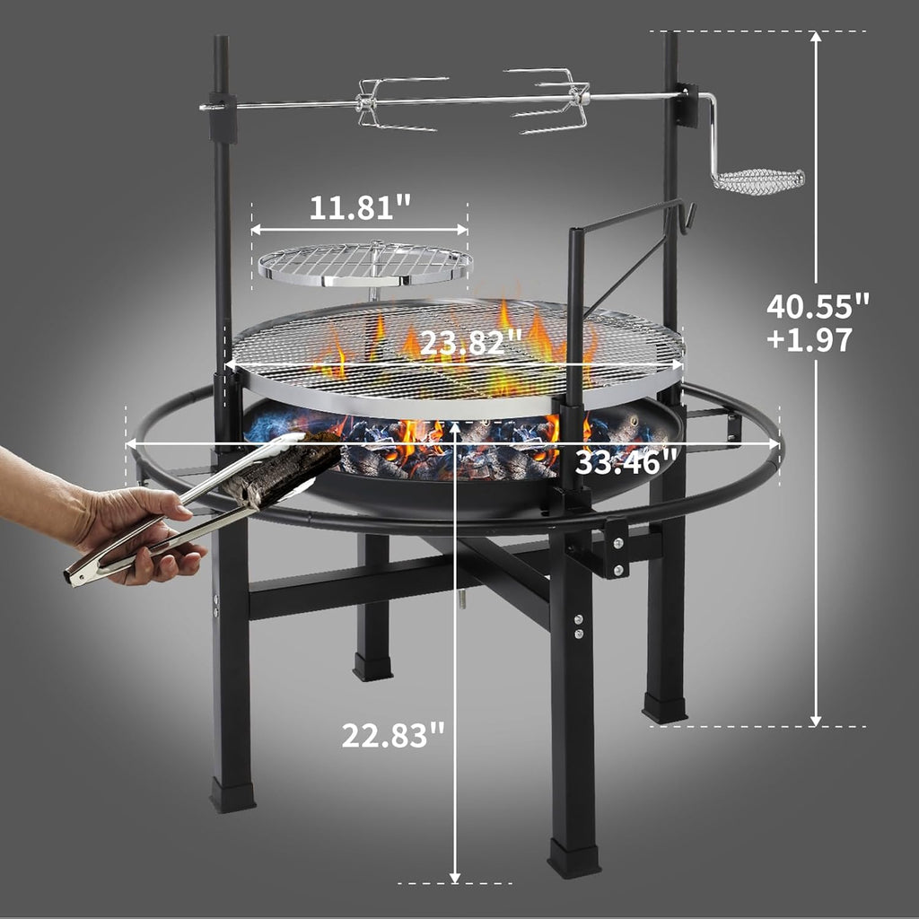 33'' Outdoor Fire Pit with 2 Grills, Wood Burning Round Firepit with Swivel Cooking Grate, Removable Swivel Grill