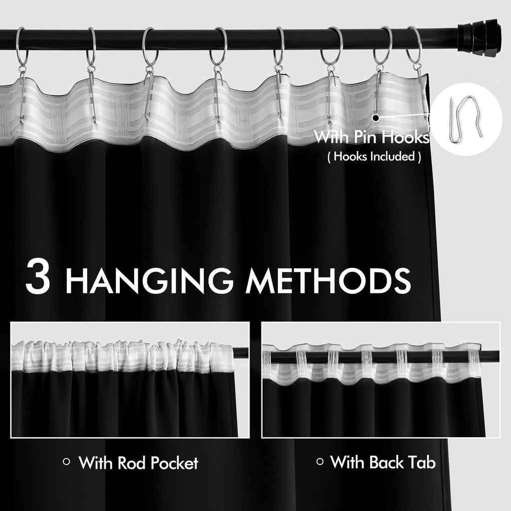 Black Back Tab Blackout Curtains 52x120 Inch Long 2 Panels Set