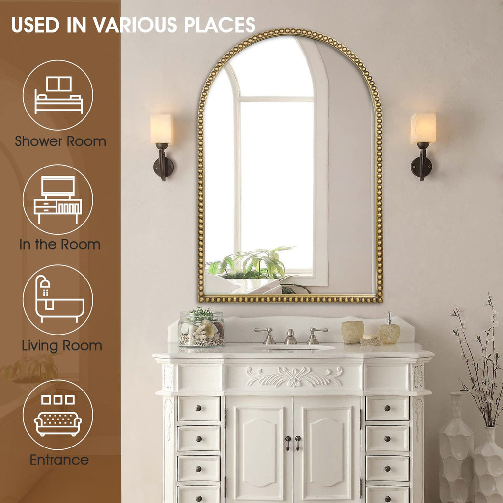 Arched Wall Mirror - 24"x36" Metal Beaded Frame Decorative Accent Mirror, Large Modern Rustic Distressed Hanging Wall
