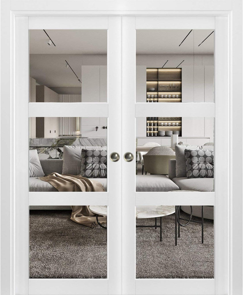 Sliding French Double Pocket Doors 72 x 96 inches Clear Glass 3 Lites| Lucia 2555 Matte White | Kit 