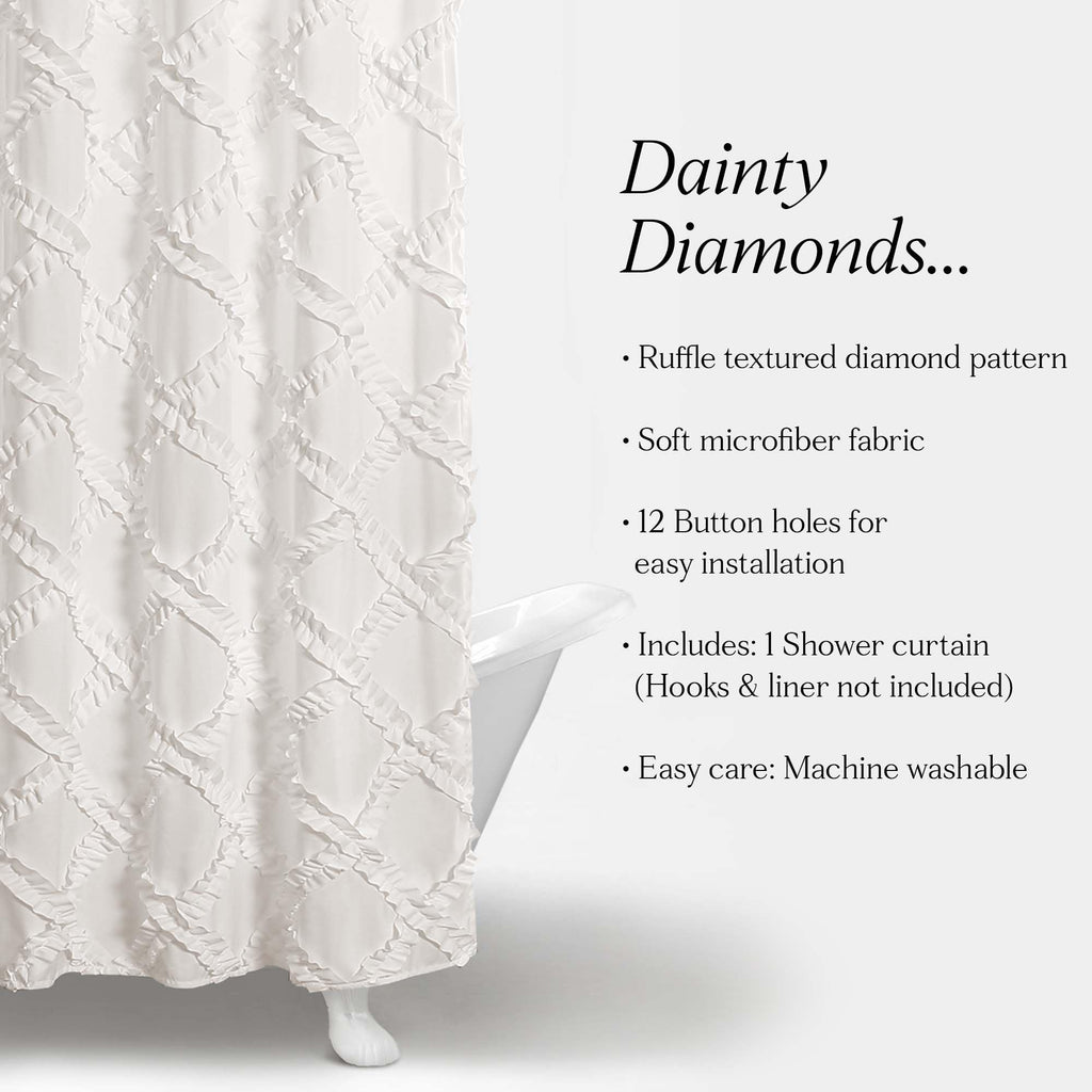 Ruffle Diamond 72"L x 72"L White - Fabric Shower Curtains - White Bathroom Curtain - Vintage Farmhouse Decor