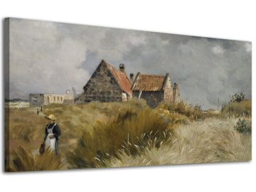 Vintage Canvas Prints Wall Art Rural Cottage Scene 40"x20", Countryside Landscape Coastal Hut Artwork Figure in Field
