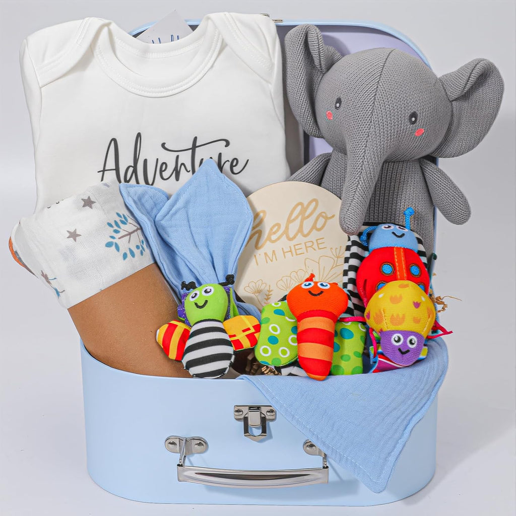 Baby Boy Gifts for Baby Shower, 11pcs Newborn Essential Basket Includes Newborn Blanket,Onesie,Wooden Rattle,Welcome