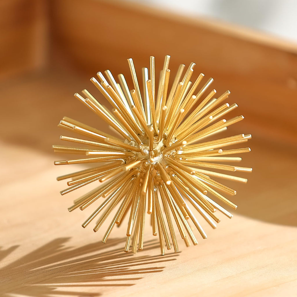 Gold Sphere Decor, Metal Gold Starburst Tabletop Sculpture Decor, Modern Metal Starburst Centerpiece, Spike Ball