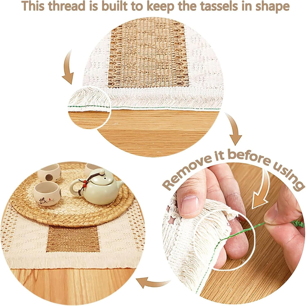 Handmade Boho Placemats Set of 6 - Natural Cotton Burlap and Water Straw Woven Combination Table Mats, Macrame Décor