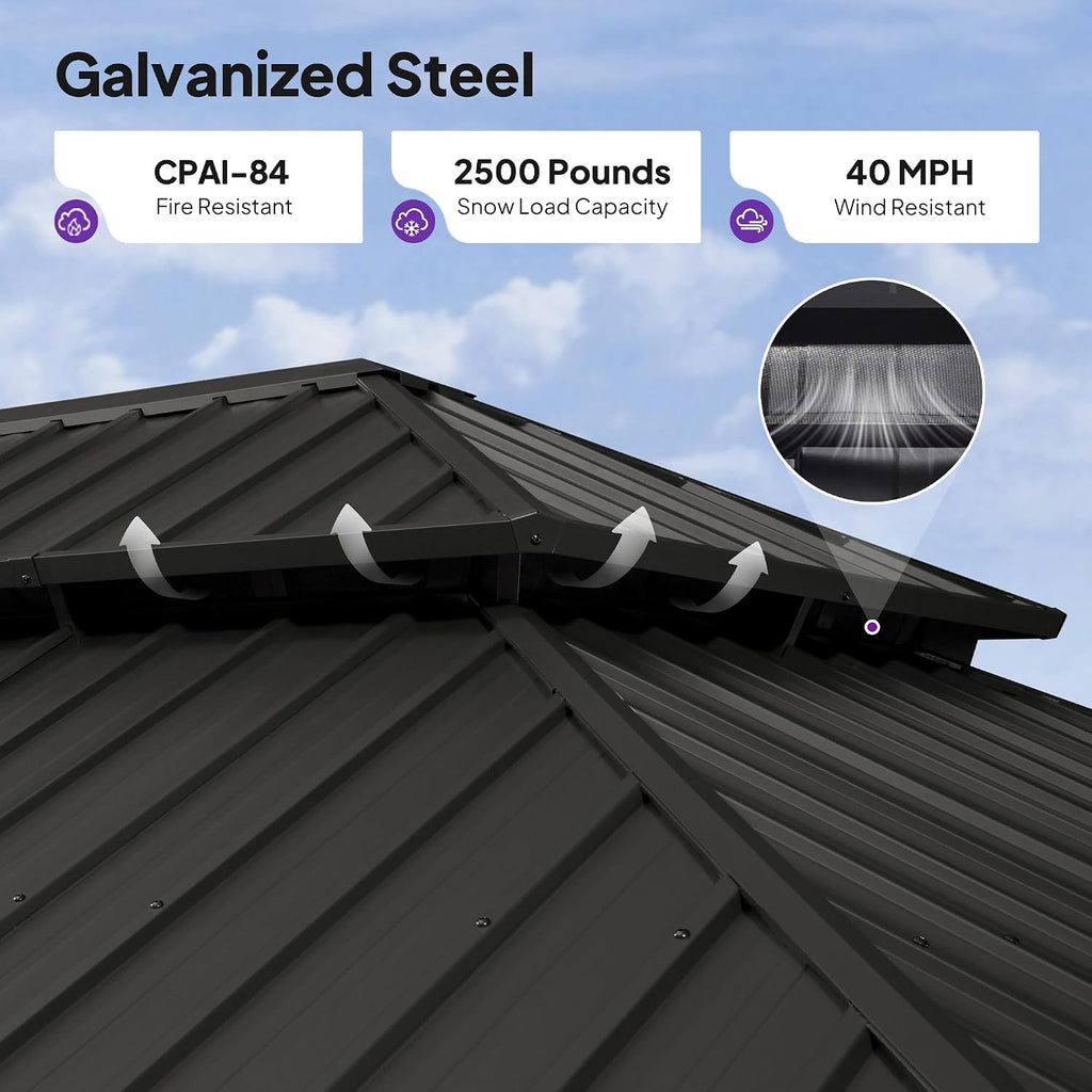 14' X 24' Hardtop Gazebo with Double Galvanized Steel Roof Awning and Upgrade Curtain and Garden, Grey