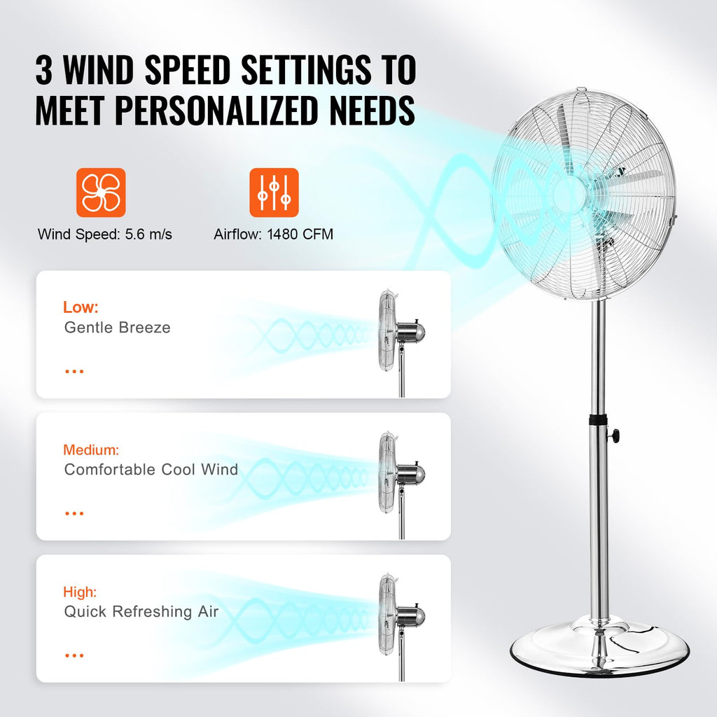 Industrial Pedestal Fan, 16 Inch 75-Degree Oscillating Fan, Height Adjustable Standing Fans with 3 Adjustable Speeds
