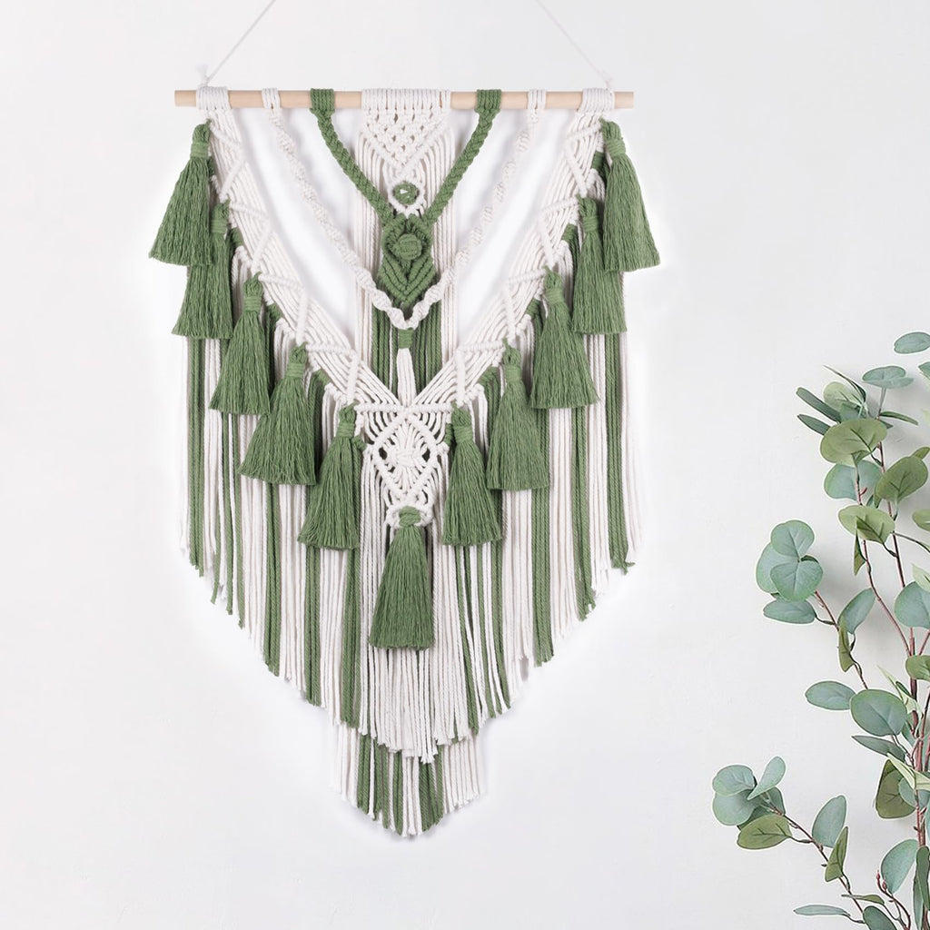 Green Macrame Wall Hanging Boho Macrame Wall Decor with Yarn Tassel Bohemian Tapestry Woven Wall Art Bedroom Home