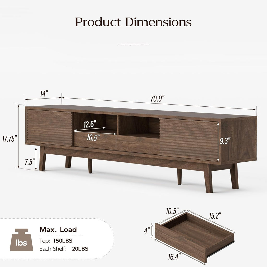 70" Mid Century Modern TV Stand for TVs up to 75 Inch, Low Profile Entertainment Center with Fluted Sliding Doors &