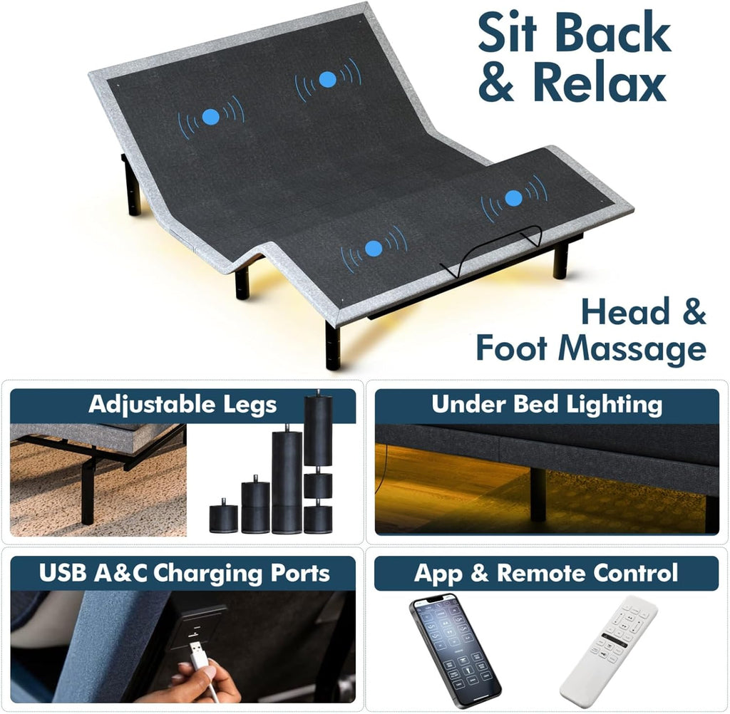 SF Queen Adjustable Bed Frame - Smart Frame with Wireless Remote for Head & Foot Incline - Electric Massage - 3