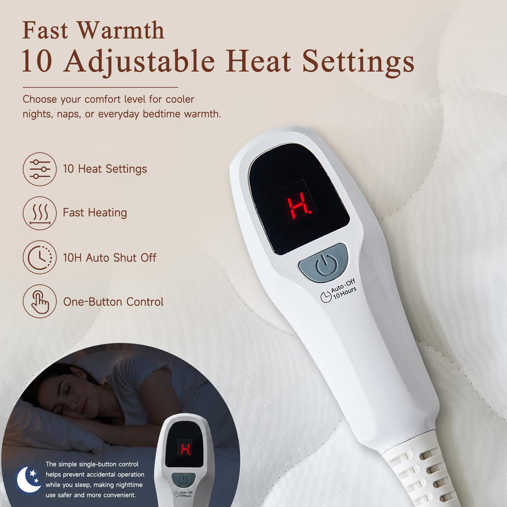 Heated Mattress Pad, Dual Control Bed Warmer, 10 Heat Settings
