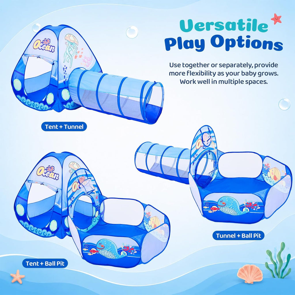 3 in 1 Kids Play Tent with Tunnel, Ball Pit, Basketball Hoop for Boys & Girls, Toddler Pop Up Playhouse Toy Baby