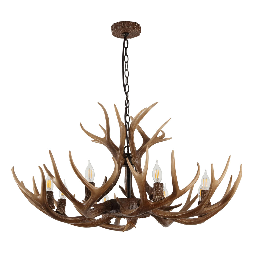 Rustic Faux Antler Chandelier - 8-Light Brown Resin Antler Chandelier for Cabin & Lodge, 36" Wide