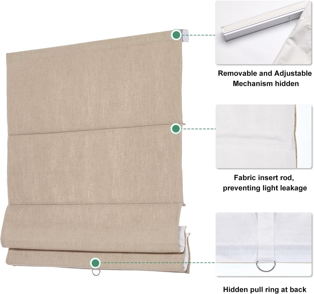 Blackout Roman Shades for Windows,Linen Fabric Roman Shades for Indoor Windows Cordless,Pull Down Window Blinds