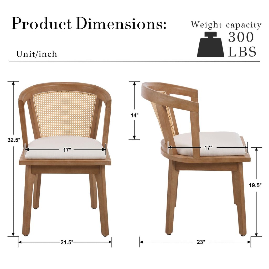 Rattan Dining Chairs Set of 2, Mid Century Modern Farmhouse Wood Dining Room Chairs, Upholstered Comfortable Kitchen