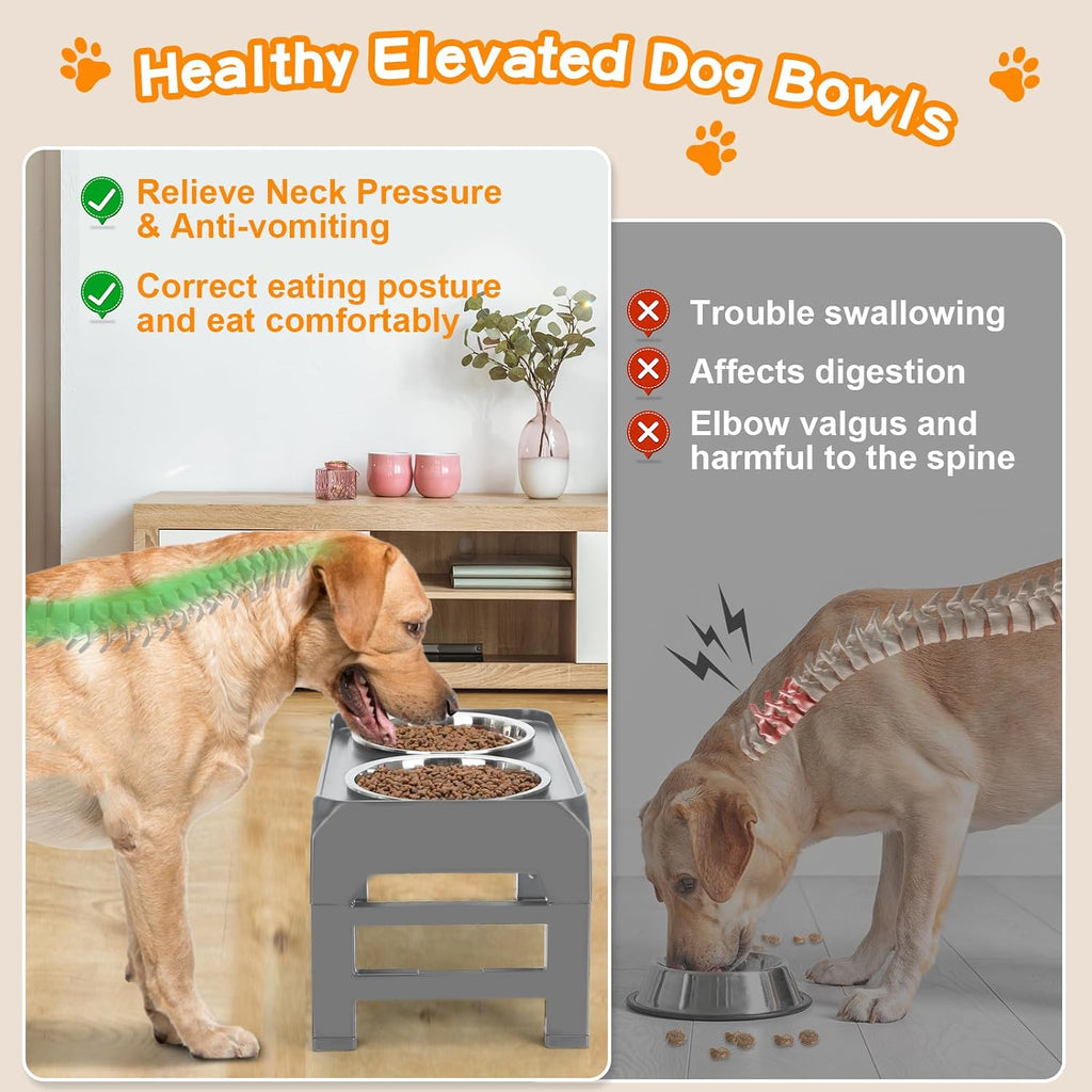 Elevated Bowls, 4 Height Adjustable Raised Stand With 2 Thick 50oz Stainless Steel Food Bowls, Non-Slip Feeder