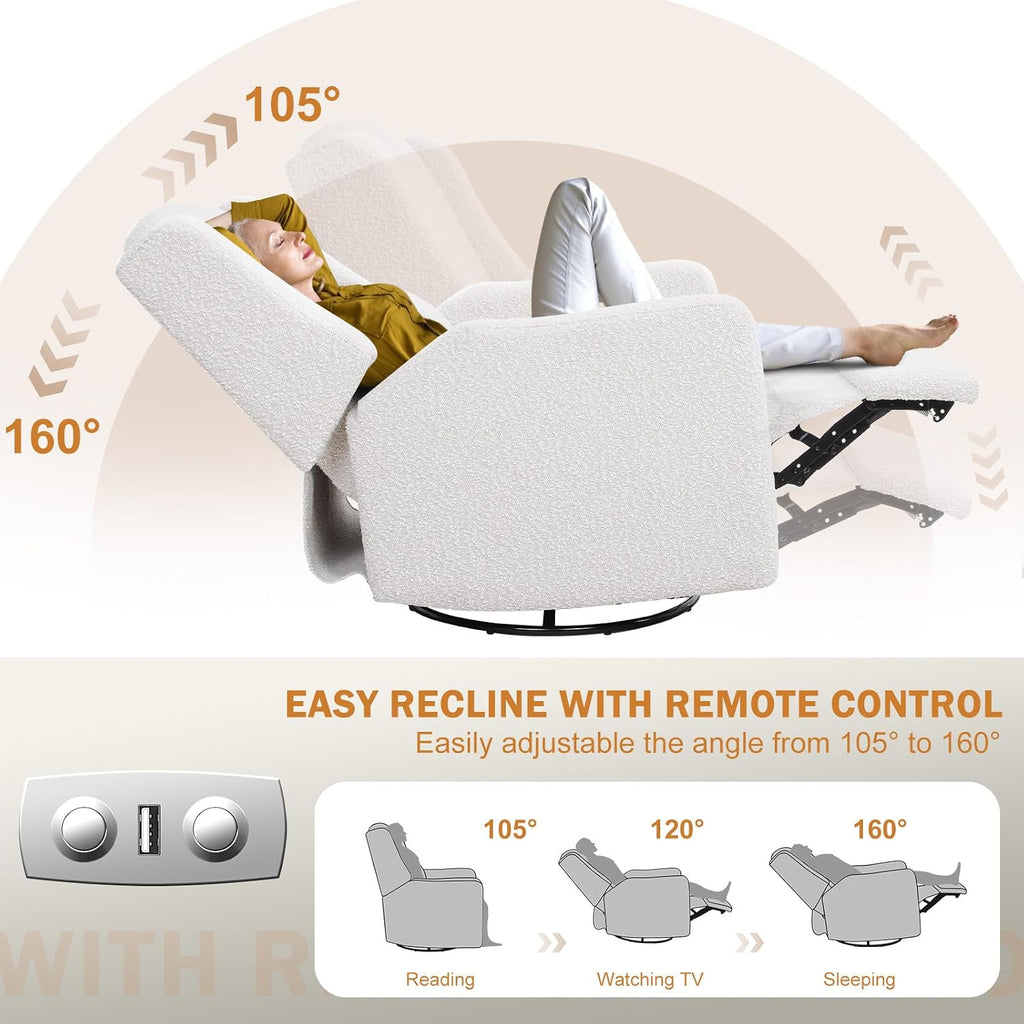 Power Recliner Chair Swivel Glider, Large Rocker Recliner, Cream | Boucle Upholstered Swivel Rocker Glider Recliner