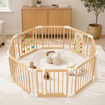 Wooden Baby Playpen with Montessori Toys, 8-Panel Large Foldable Play Yard | Adjustable Baby Fence for Babies and