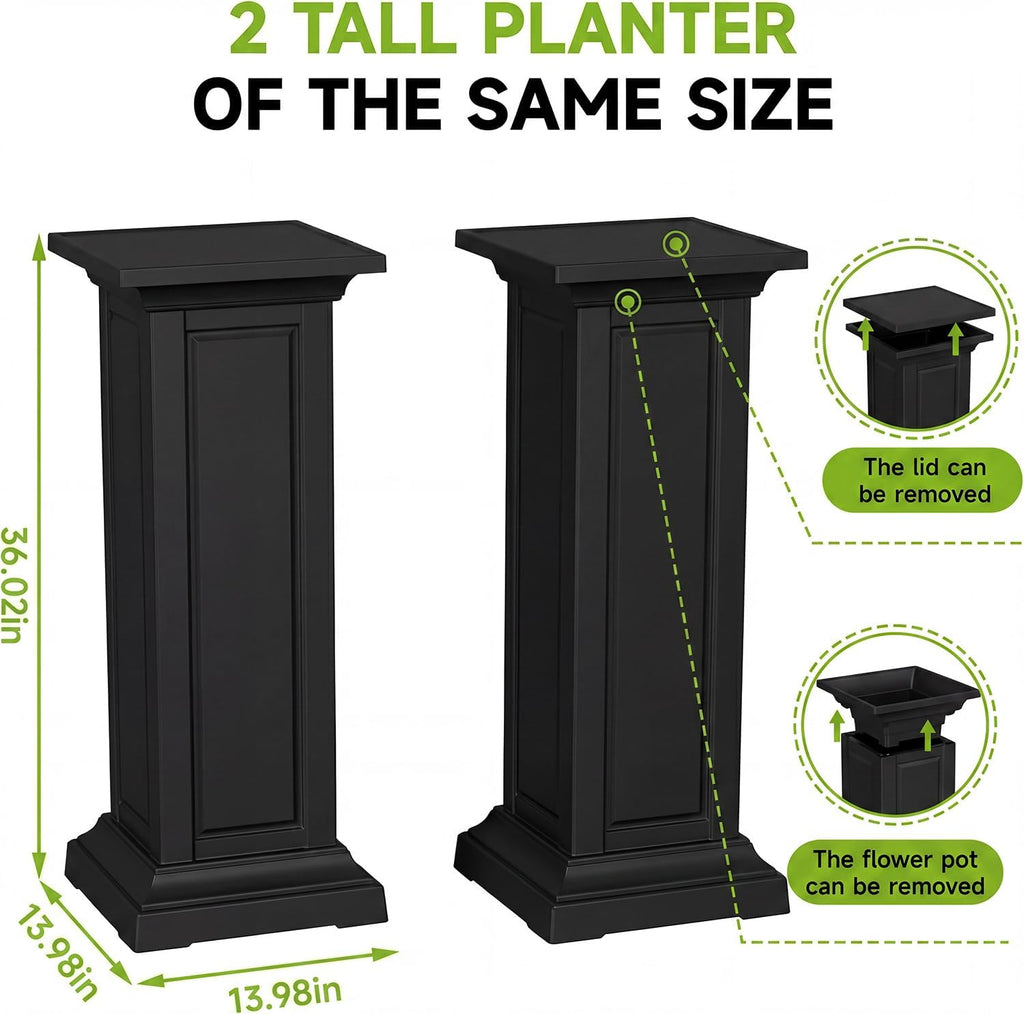 Tall Black Resin Planters Set of 2, Large All-Weather Outdoor Garden Pots, Durable Crack-Resistant Flower Pots for