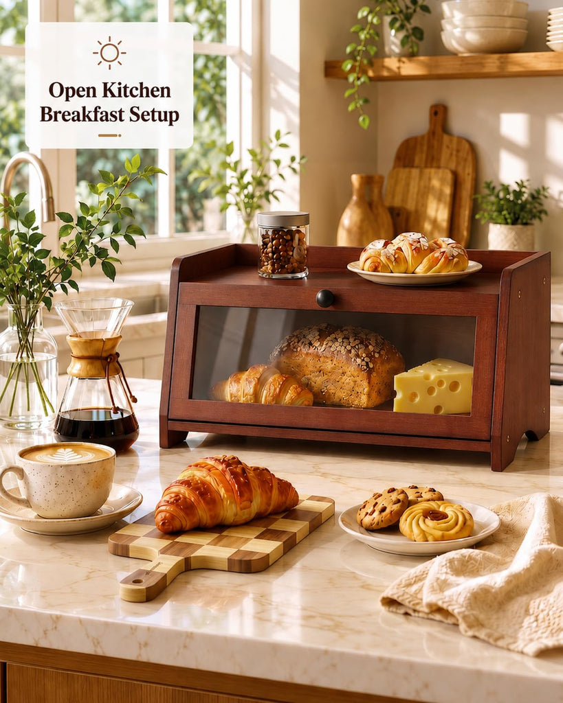 Bread Box - Countertop With Top Shelf For Fruit,1 Tier, Brown