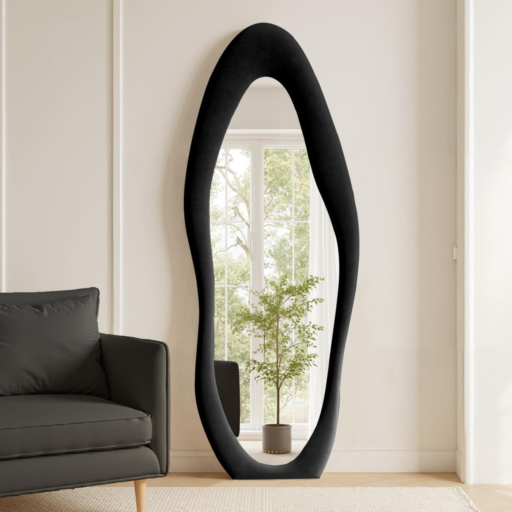 Full Length Mirror 63"x24" Irregular Full Body Wall Mounted Floor Mirror with Stand Black Flannel Wrapped Frame