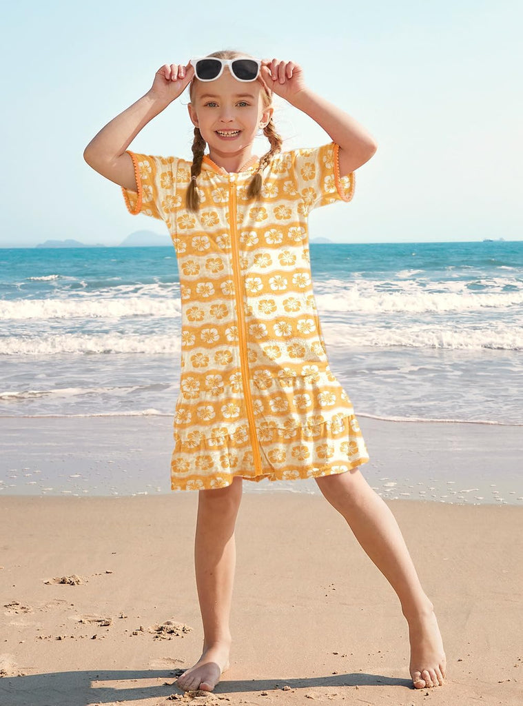 Girls Summer Beach Quick Dry Cover Up Ruffle Hem Terry Smocked Hooded with Pockets