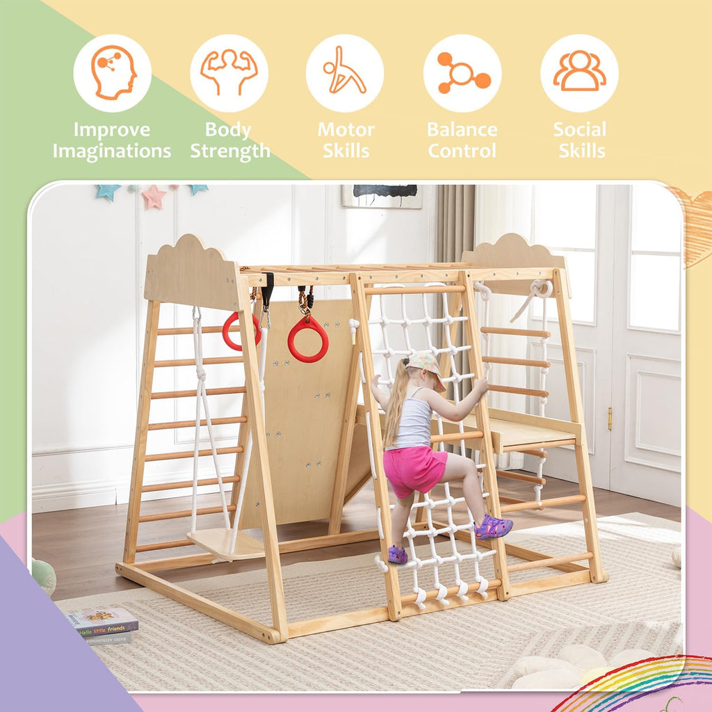 In-1 Wooden Indoor Jungle Gym for Toddlers, Montessori Climbing Playset with Slide, Swing, Climbing Net, Rings