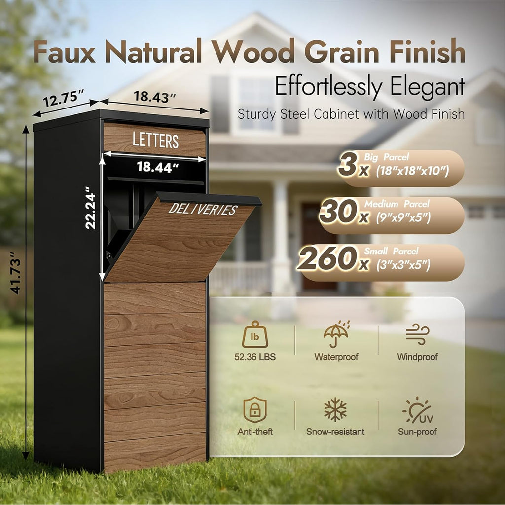 Package Delivery Box 41.7’’ Large Anti-Theft & Waterproof Outdoor Parcel Drop Box with Woodgrain Finish