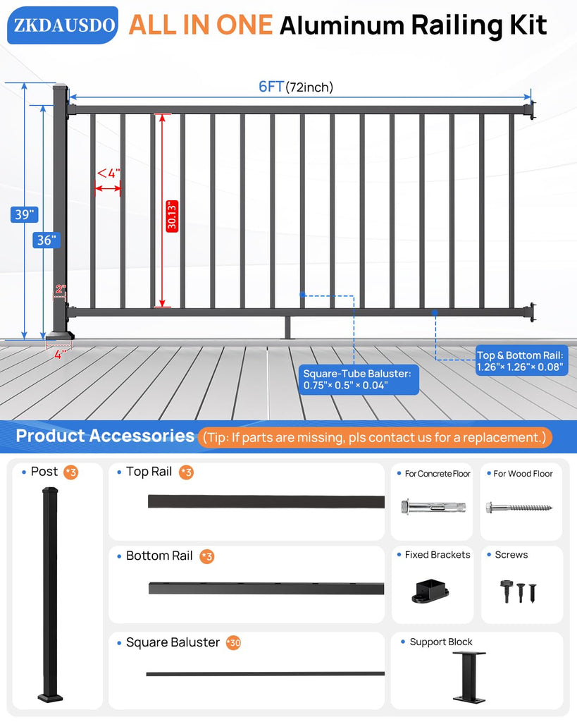 36 in. H x 6 ft. W Aluminum Deck Railing Kit, Outdoor Modular Porch Railing