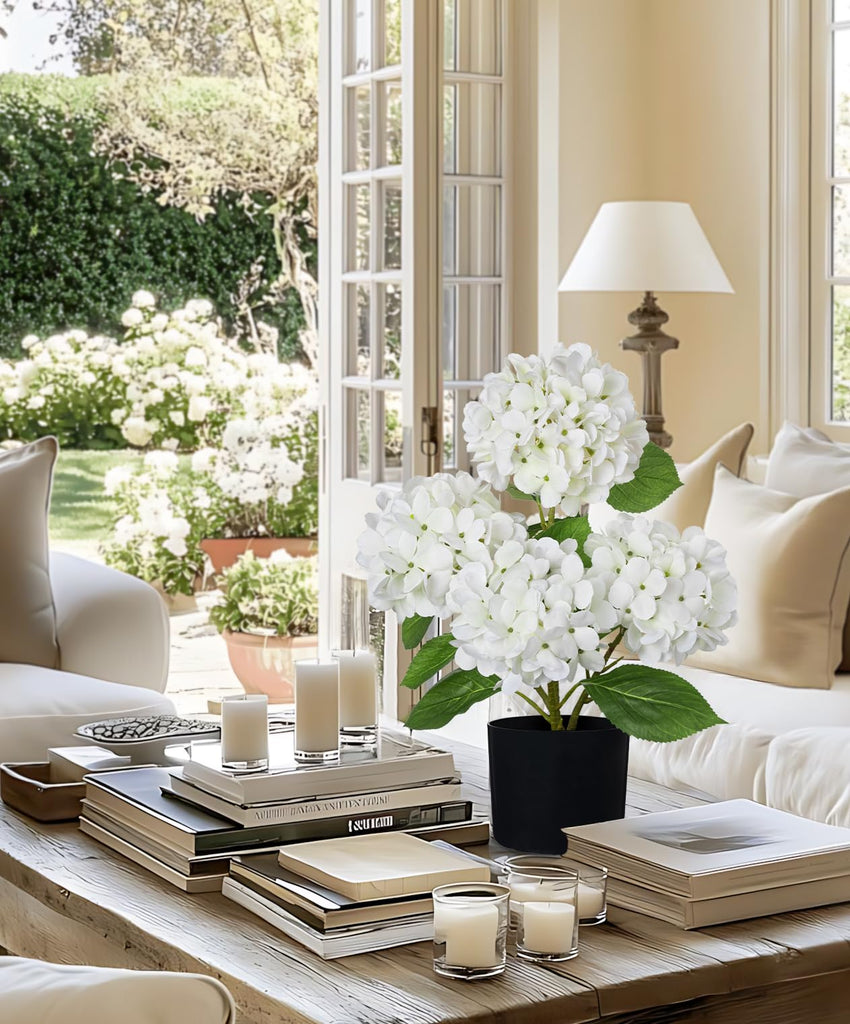 White Hydrangea Artificial Flowers in Pots 19.7" Four-Head Faux Silk Hydranges Flower Arrangements for Indoor Home