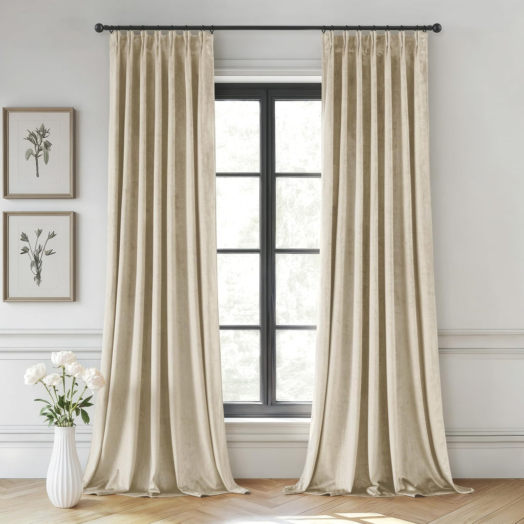 Beige Velvet Curtains 96 inches Long, Pinch Pleated Blackout Drapes with Hooks, Thermal Insulated Pinch Pleat Panels