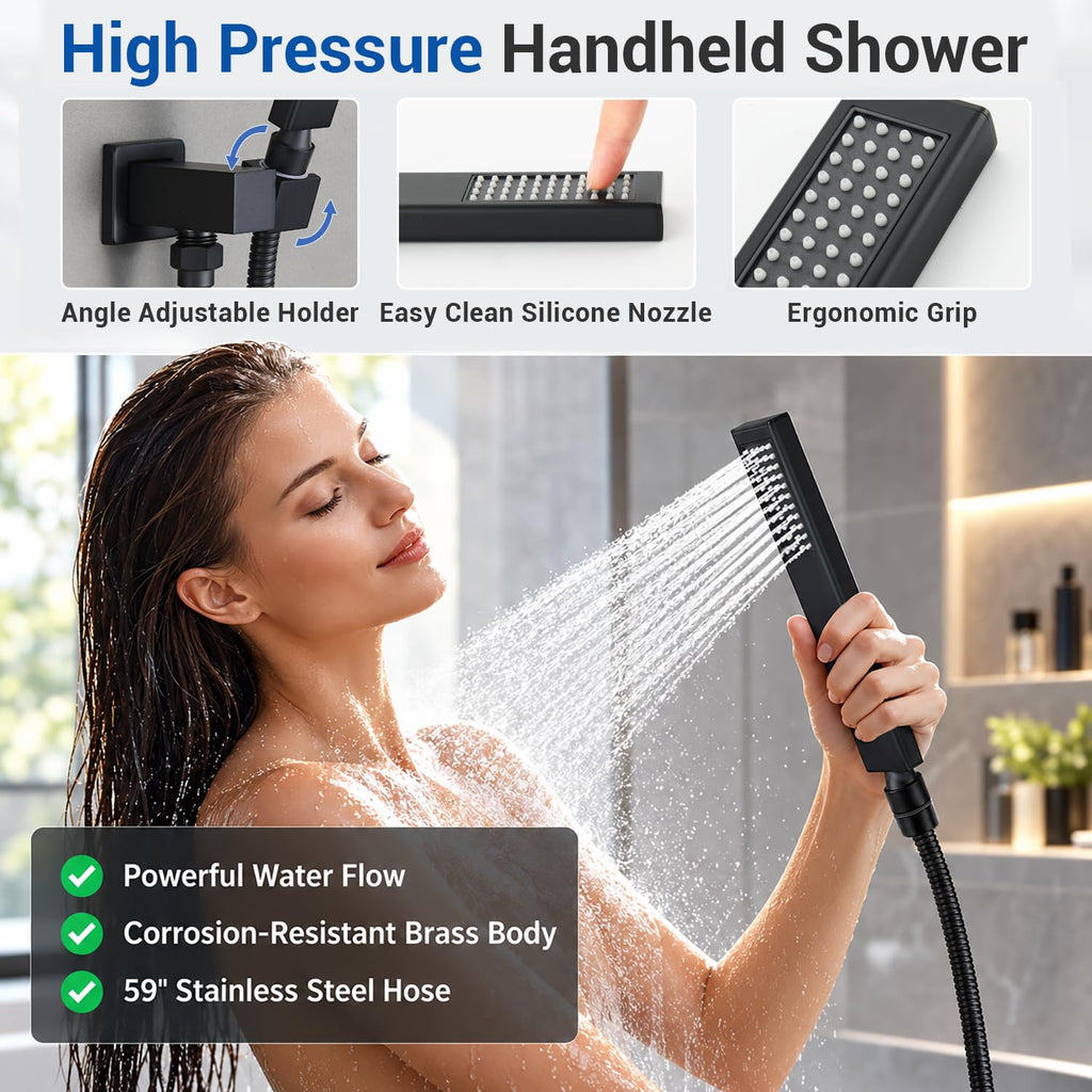 Thermostatic Shower System, Waterfall Shower Head(Matte Black)