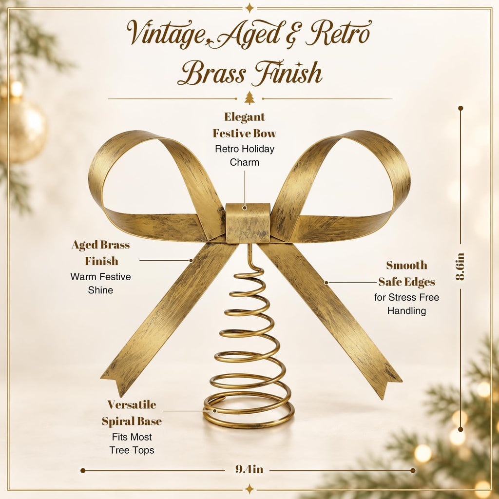 Metal Bow Tree Topper, 9.4 Inch Brass Bow Christmas Tree Topper
