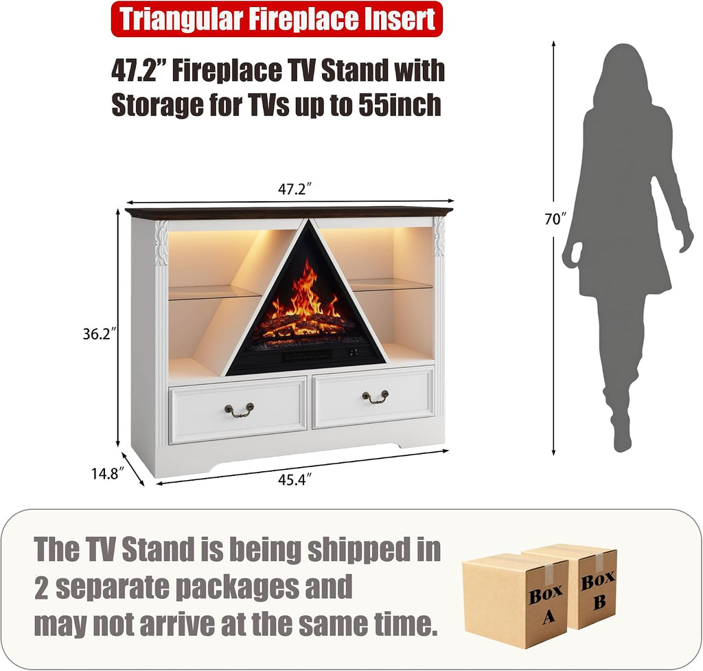 91" Electric Fireplace TV Stand with Mantel, Antique White Entertainment Center with Carving Holds TV up to 100 Inch