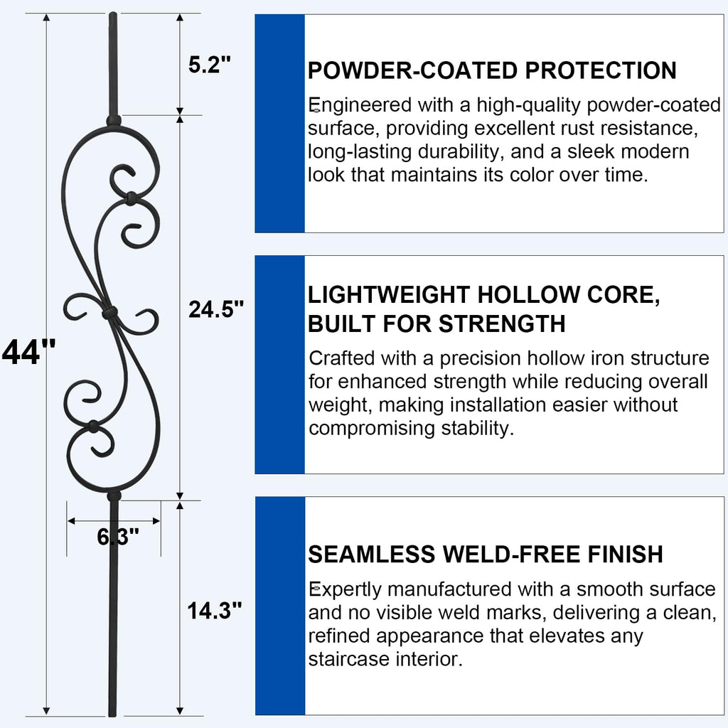 5 Pack 44" Iron S Scroll Balusters for Staircase Interior, 1/2" Hollow Stair Balusters, Matte Black Metal Balusters