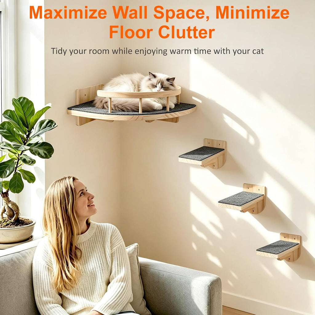 Cat Wall Shelves with 3 Perch Steps, Cat Wall Climber Furniture Up to 26lbs