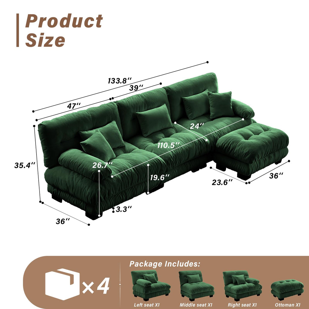 Velvet Sectional Sofa Ottoman, Green