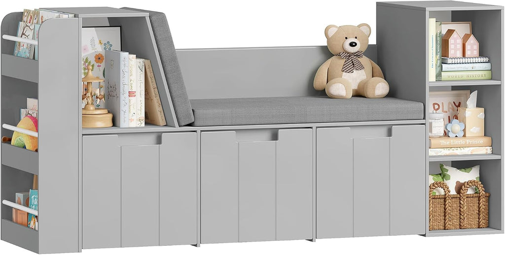 61.5" Kids Reading Nook with 3-Layer Bookshelf, Reading Nook for Kids with Double Bench and Rolling Drawers