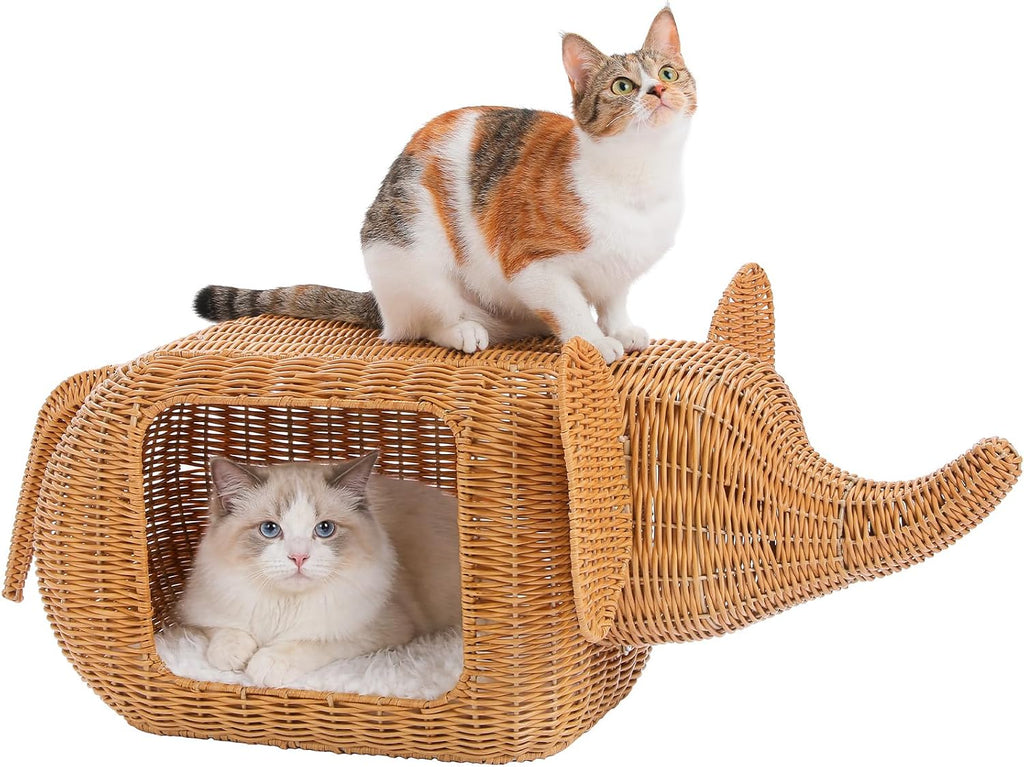 Elephant Shaped Rattan Cat Bed, Breathable Hand-Woven Wicker Cat Cave