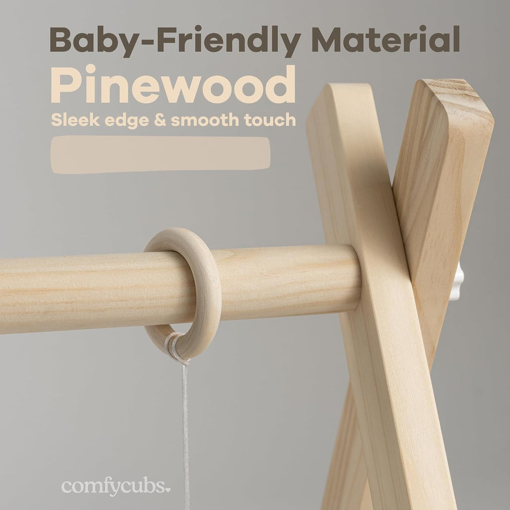 Wooden Baby Play Gym - Natural Finish Pinewood Baby Activity Gym with 5 Sensory Hanging Toys - Easy No-Tool Assembly