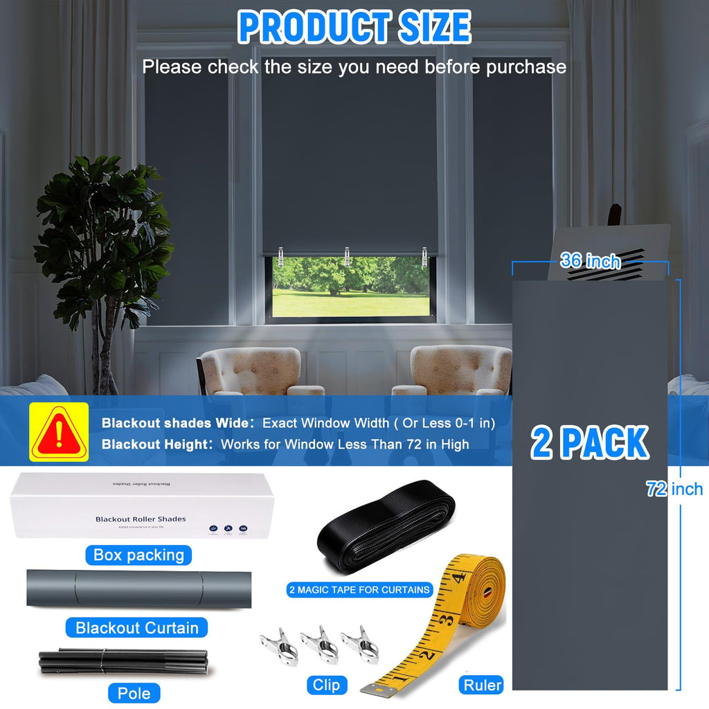 2Pack Blackout Roller Shades, No Drill Portable Grey