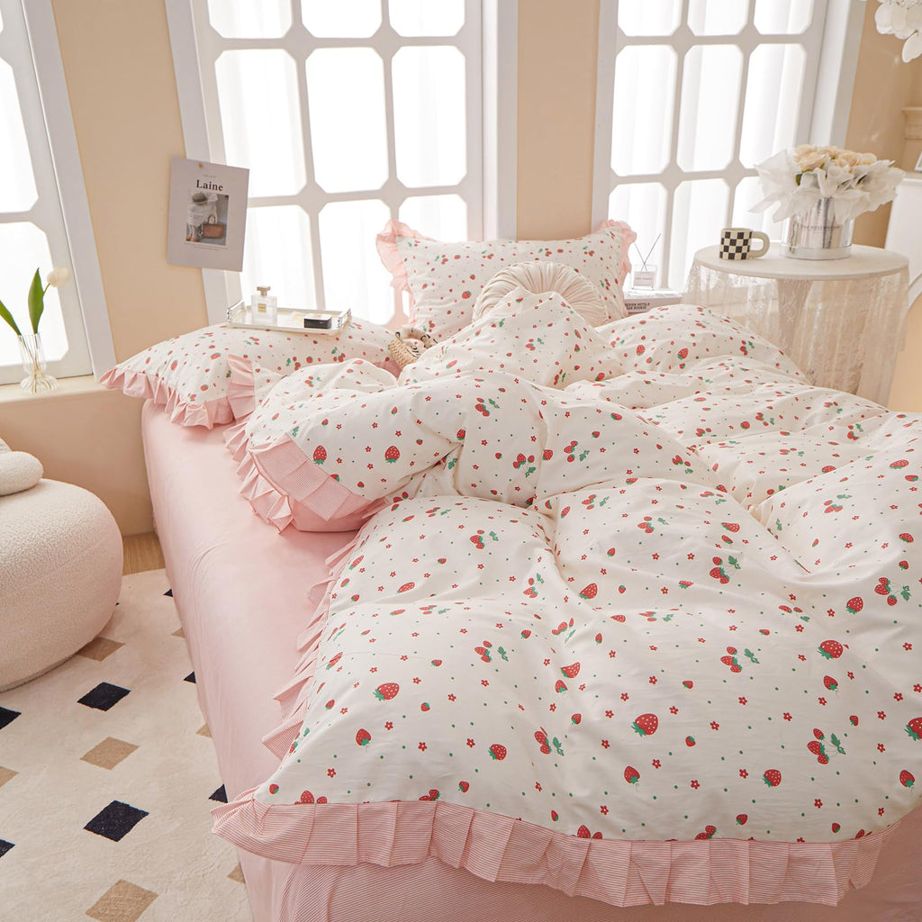 Comforter Set Strawberry Print Bedding Comforter Ruffled Lace Bedding Set Fluffy Fruit Comforters Pink Stripes