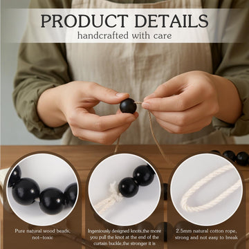 Wood Bead Curtain Tiebacks Holdbacks with Hooks(Black) - 6 Pack