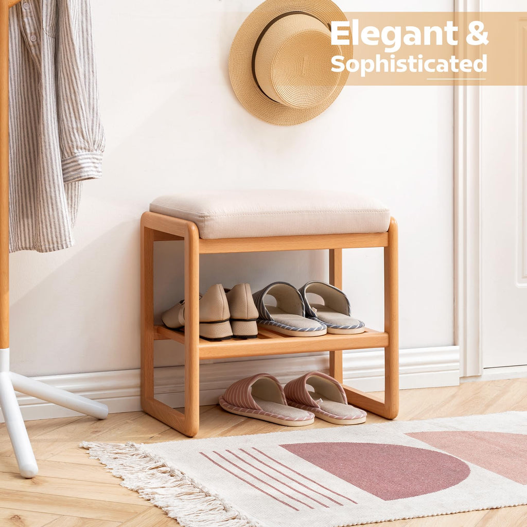 Solid Wood Shoe Bench, Shoe Rack Bench Assembled with Cushion, Beech Wood, 11.8" x 23.6" x 16.5", Natural