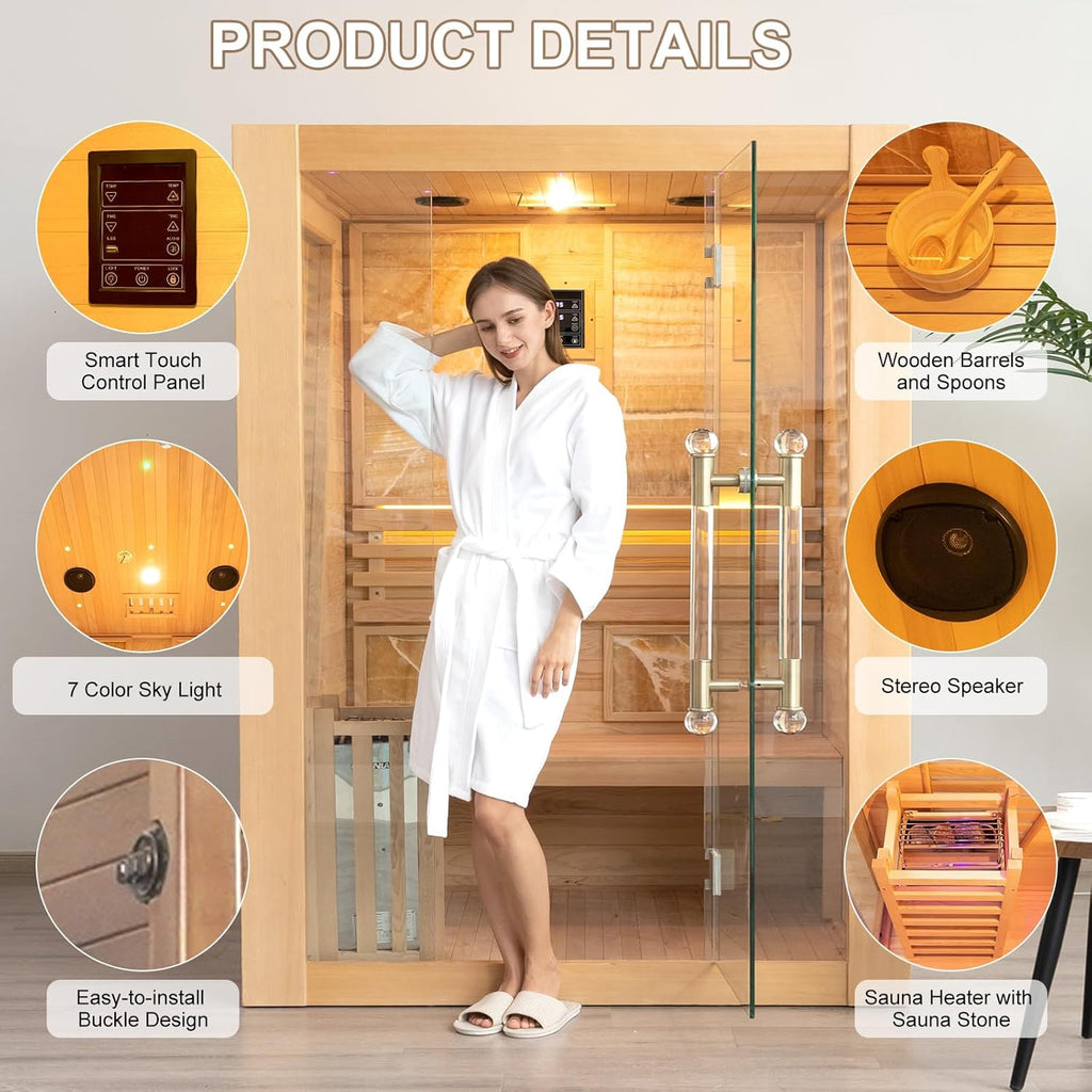 Smartmak Wood Home Steam Sauna, 3 Person Canadian Hemlock Traditional Luxurious Wooden Indoor Spa Room