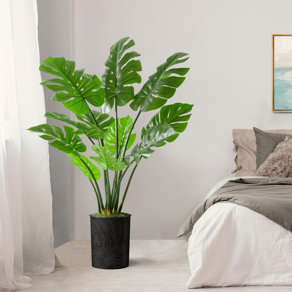 Tree in Geometric Spiral Pattern Planter, Fake Monstera Silk Tree for Indoor and Outdoor Home Decoration - 56"
