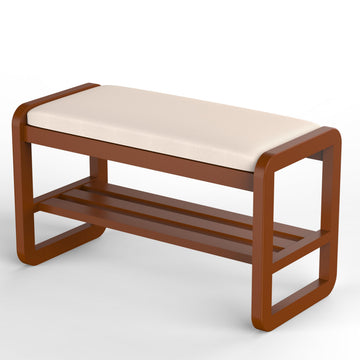 Solid Wood Shoe Rack, 2 Tier Shoe Storage Bench with Cushion Seat, 8 Pair Shoe Organizer, Cherrywood, 32 Inch