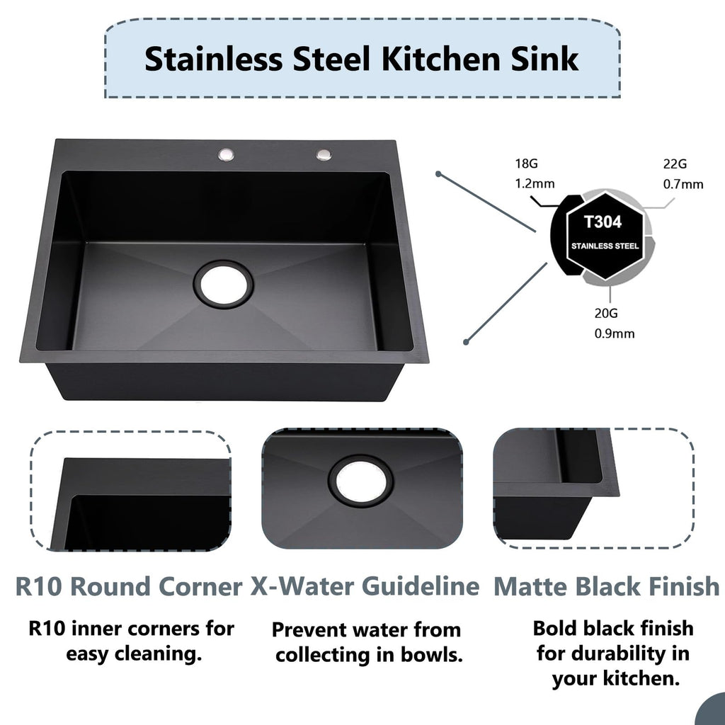 33 Inch Black, Drop in Single Bowl