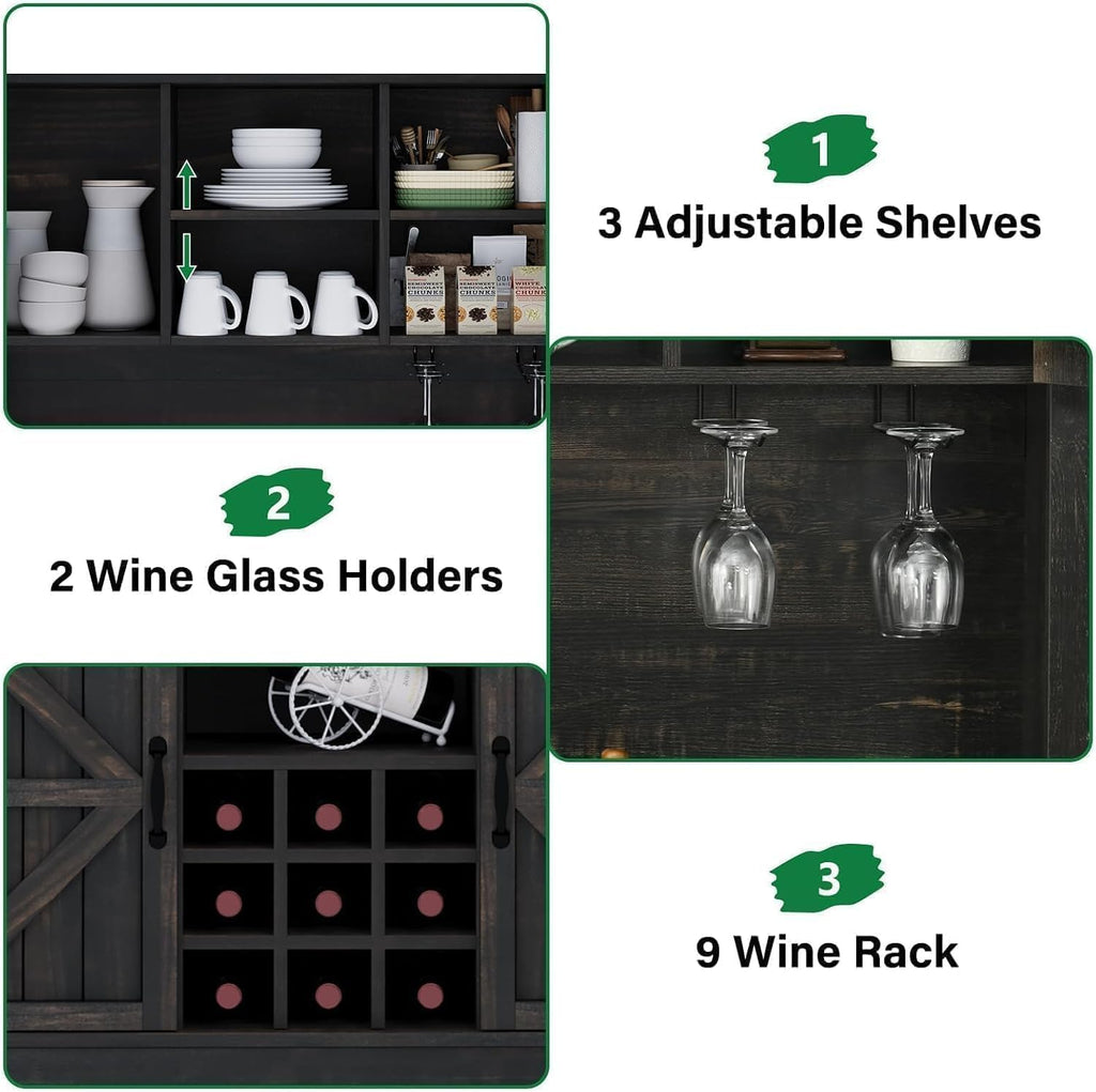 Tall Farmhouse Coffee Bar Cabinet with Wine Rack, Rustic Oak | Kitchen Pantry Storage Cabinet with 3 Drawers