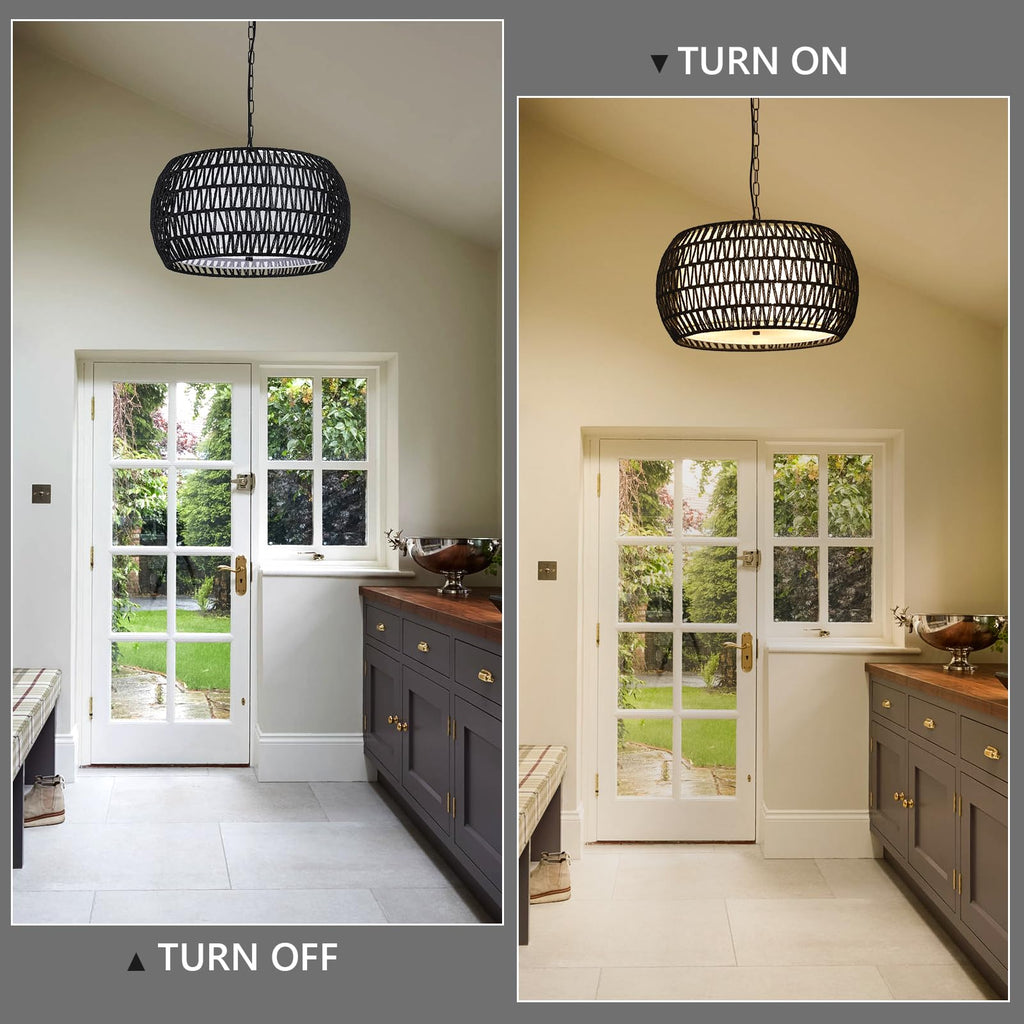 Farmhouse Chandeliers, 5-Lights Rattan Boho Chandelier Light Fixture, Black Woven Dining Room Light Fixture with